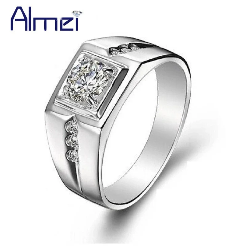 

Almei 35% Men Ring Cubic Zircon Jewelry Mens Silver Color Rings Crystal Men's Anillos Bijoux Male Bague with Stone Jewelry J473
