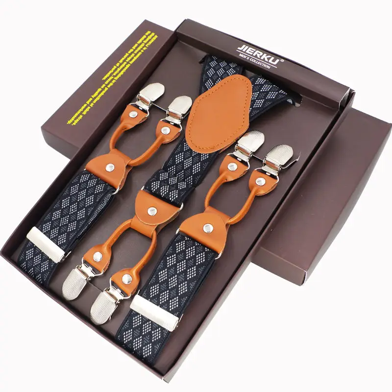 Модные мужские подтяжки кожаные с 6 зажимами для брюк регулируемый эластичный