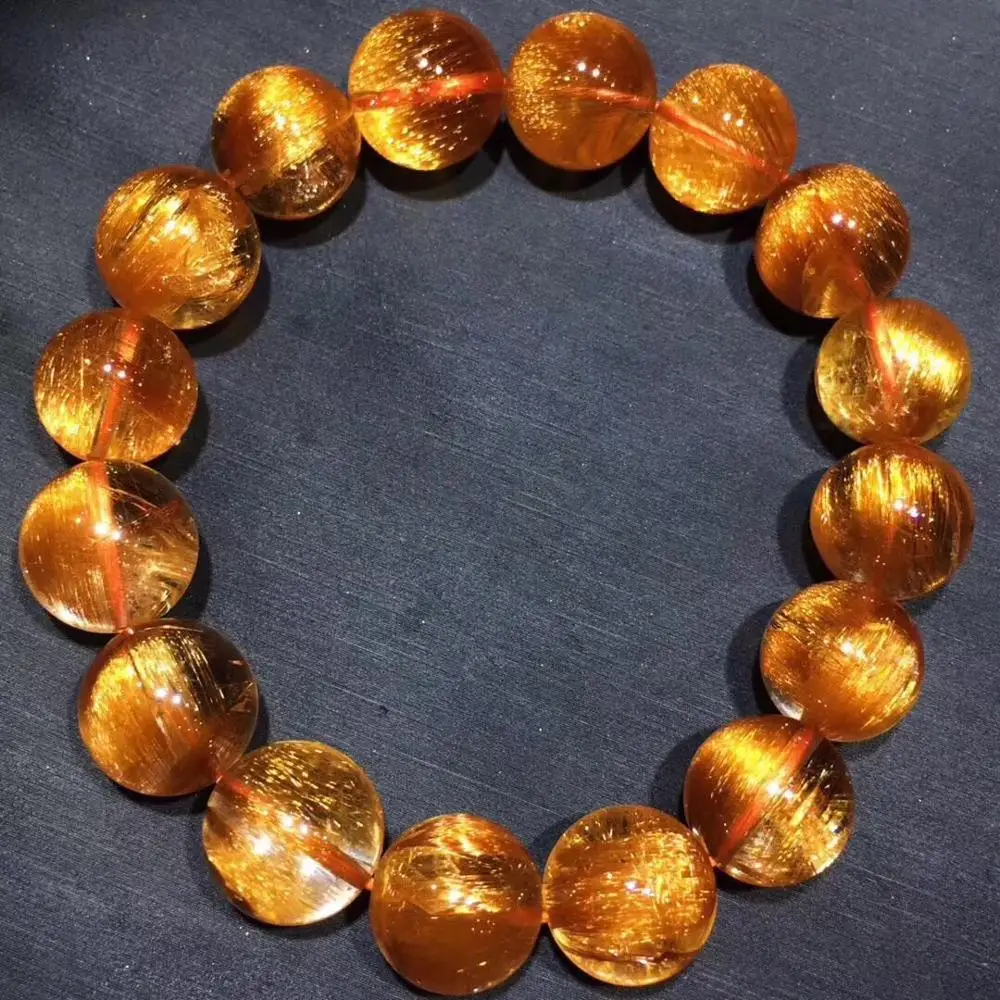 

13.5mm Natural Brazil Copper Rutilated Bracelet Women Men Strong Cat Eye Round Beads Quartz Crystal Fashion Bracelet AAAAA