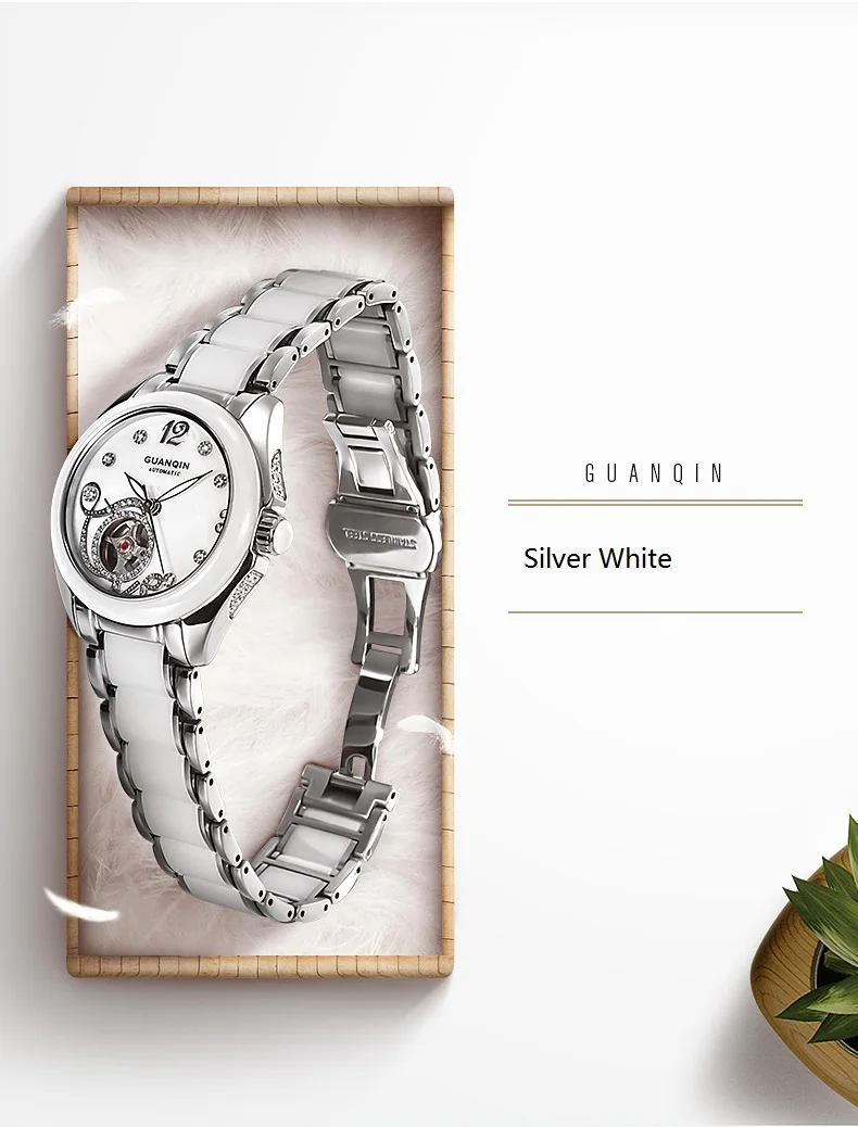 GUANQIN Ceramic Women Watch Automatic Mechanical Watches Hollow Waterproof Watch Ceramic Watch Strap Rhinestone Shell Pattern  (5)