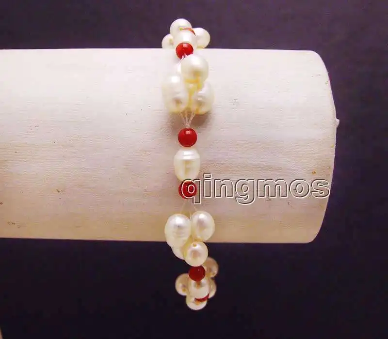 

Small 5-6mm Natural White Rice freshwater pearl and 3-4mm Red Coral 7.5'' Bracelet-bra349 Free shipping Wholesale/retail