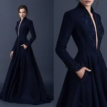 Темно-синие мусульманские Вечерние платья А-силуэта с v-образным вырезом и длинными рукавами, кружевное вышитое бисером исламское Дубай Саудовская Арабская длинное вечернее платье для выпускного вечера