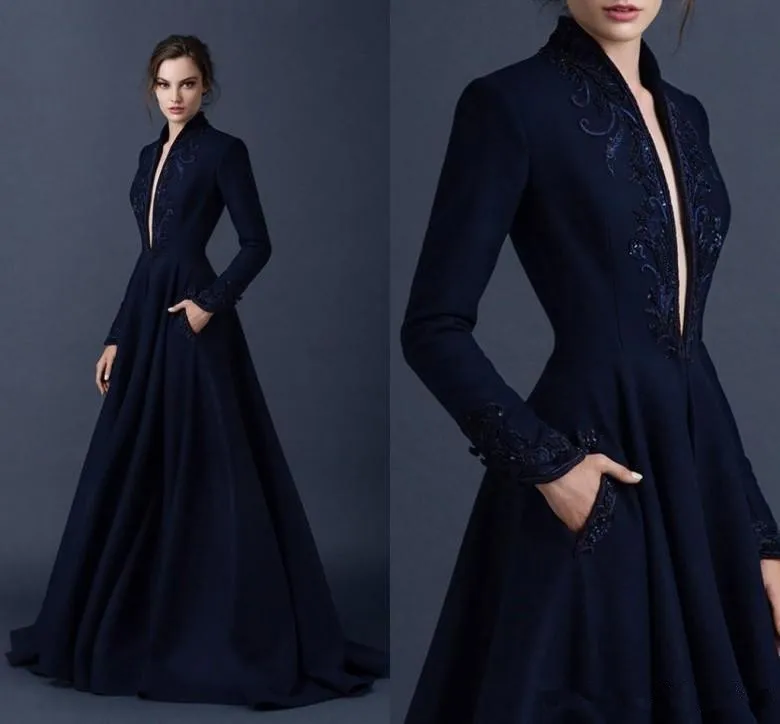 

Navy Blue Muslim Evening Dresses 2019 A-line V-neck Long Sleeves Lace Beaded Islamic Dubai Saudi Arabic Long Evening Gown Prom