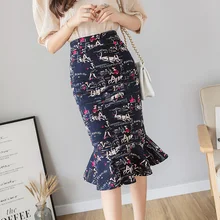 Женские повседневные винтажные юбки-трубы с принтом, модные летние юбки с высокой талией и оборками, женские облегающие элегантные юбки больших размеров