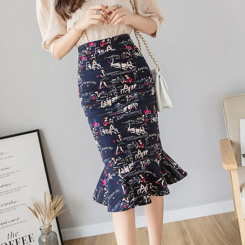 

Women Casual Vintage Printed Trumpet Skirts Fashion Summer High Waist Ruffles Skirt Ladies Slim Bodycon Elegant Skirts Plus Size