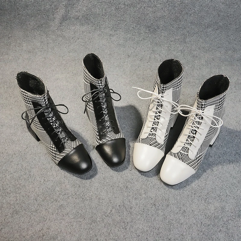 Г.; дизайнерские черно-белые клетчатые ботильоны для женщин; пикантные резиновые ботинки на высоком каблуке; Botines Femme; ботинки на шнуровке; Botas Mujer