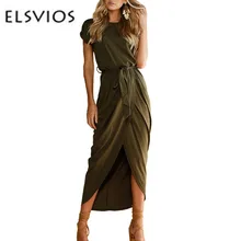 

ELSVIOS 2017 Sexy Summer Dress Lady Outfit High Split Casual Long Maxi Dress Sarafan Plus Size Women's Retro With Belt Vestidos