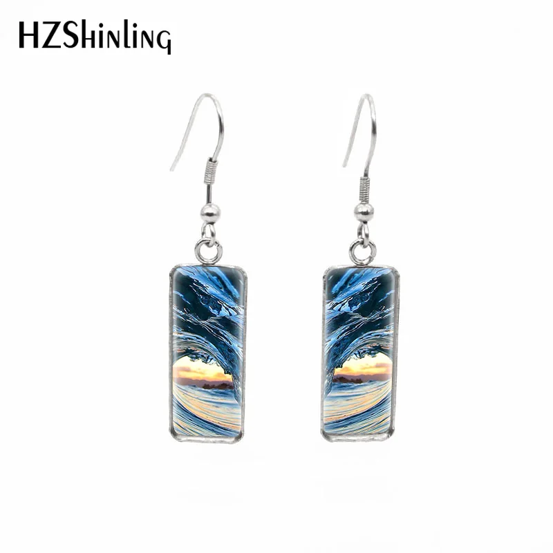 

2019 New Big Wave Rectangular Earring Love Ocean Fish Hook Earring Beautiful Scenery Earrings Glass Dome Jewelry