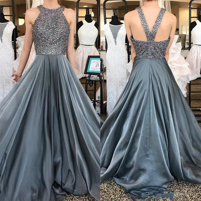 

Luxury Grey Chiffon Prom Dres with Sparkly Crystals Rhinestones Zipper Back Floor Length Elegant Long Formal Evening Wears