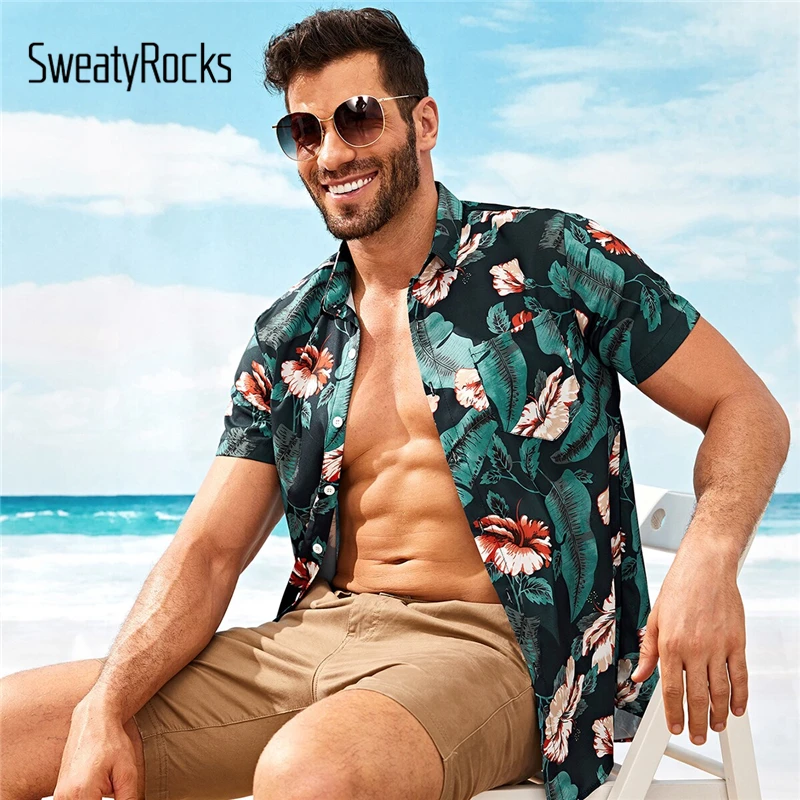 

SweatyRocks Men Tropical And Floral Print Shirt Holiday Short Sleeve Boho Shirts 2019 Summer Button up Casual Shirts