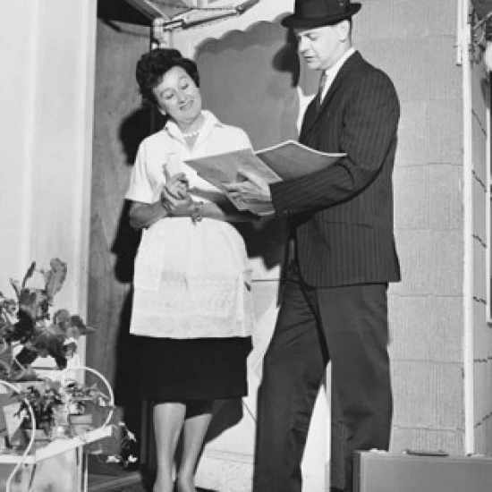 Salesman talking to a mature woman Poster Print (24 x 36)