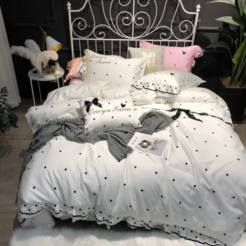 

White egyptian cotton luxury Bedding Set queen king size bed set Bedsheets linen white with black spots Duvet cover set