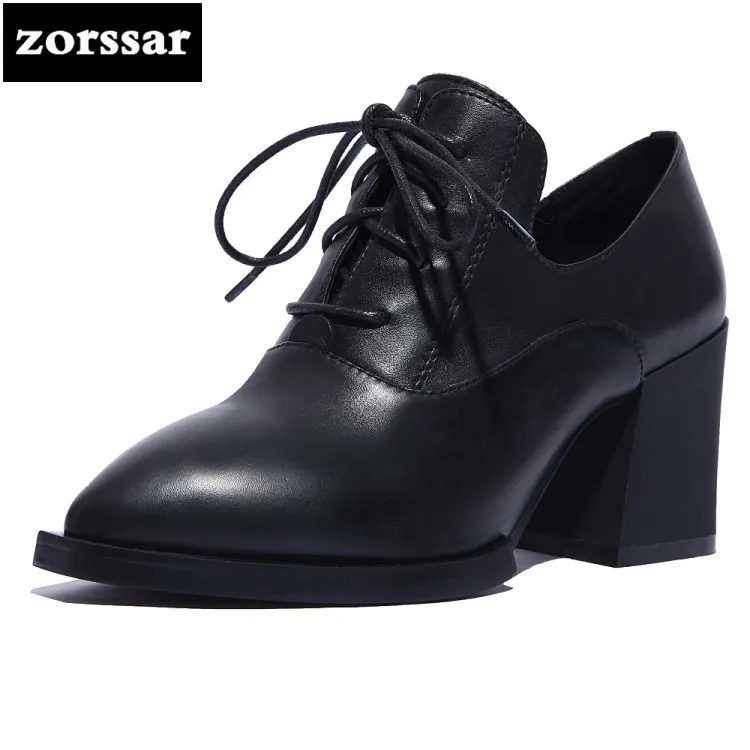 

{Zorssar} 2018 New square heel Pointed toe women shoes Pumps Genuine Leather High Heels Single Shoes woman zapatos mujer