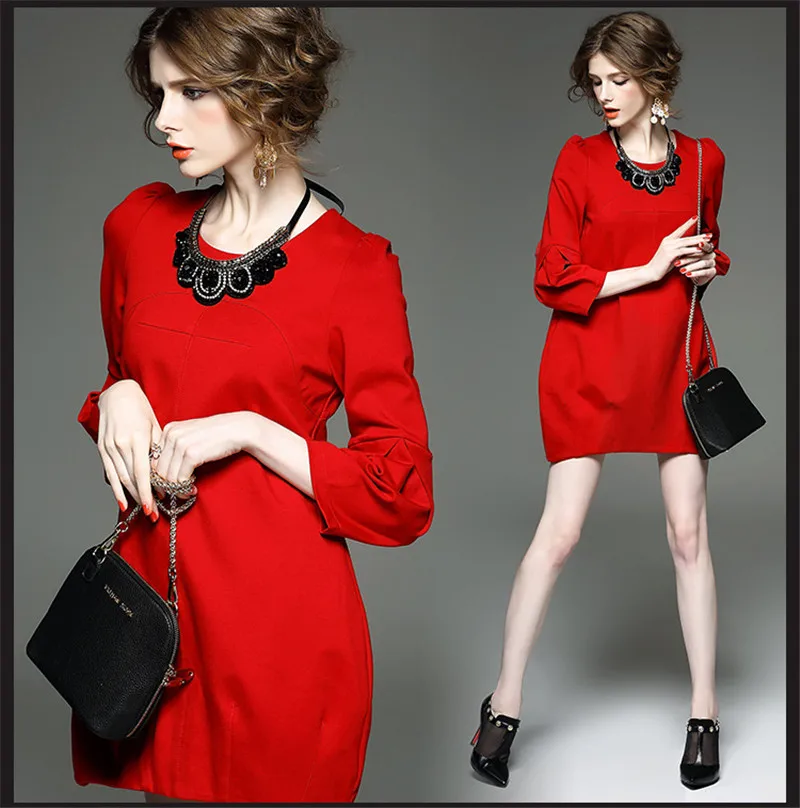 AYUNSUE в западном стиле Короткое платье женское три четверти плюс ожерелье Красное/черное платье Весна Осень Brand Брендовые платья CJ73