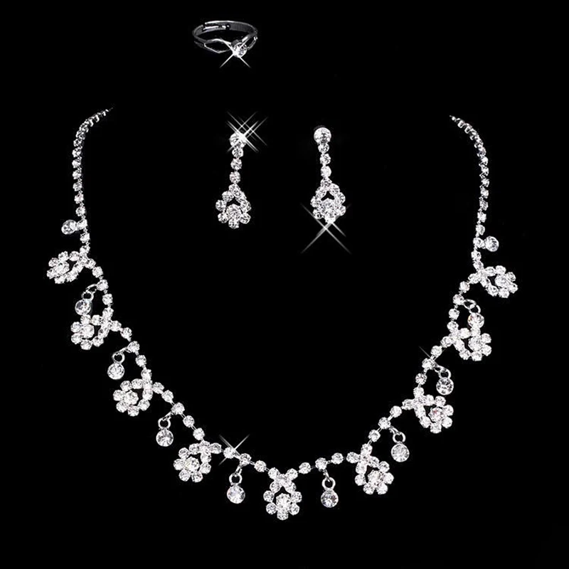

Lakeydra Cheap In Stock Wedding Jewelry Sets Silver Plated Necklace Earrings Sets Rhinestone Accessories Sparkly