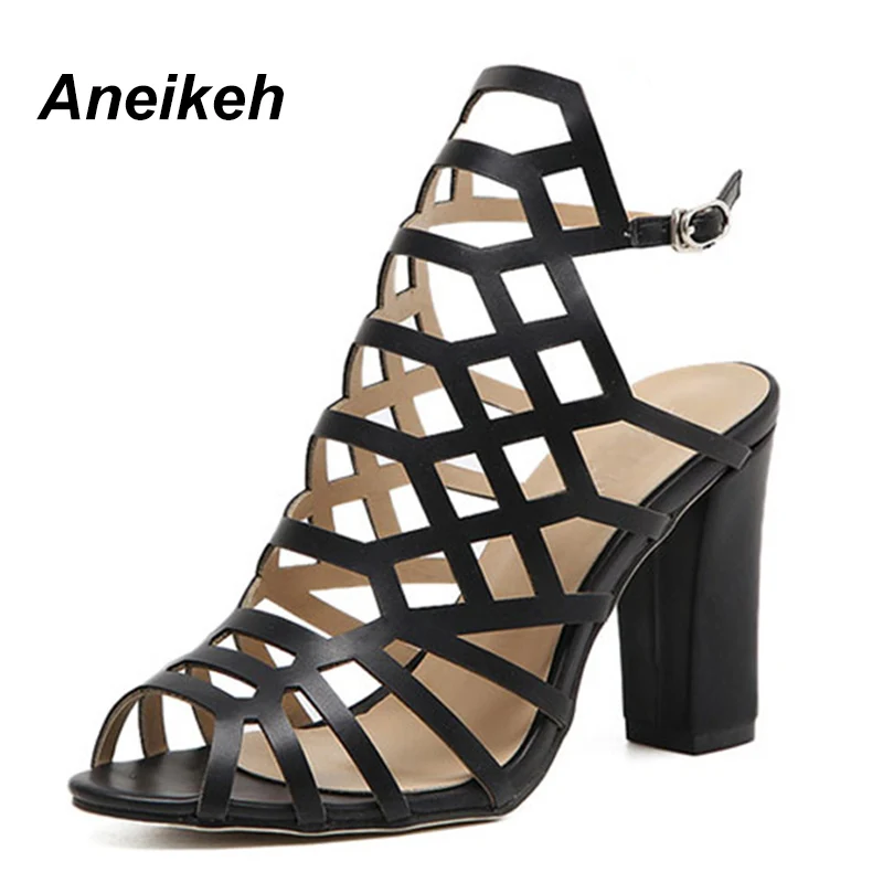 baratas Aneikeh Mulheres Sandálias de Verão Sapatos Romanos Oco Gladiador Sandália Peep Toe OL sapatos de Salto Alto Sexy Sandálias Slingback Tamanho 35 40