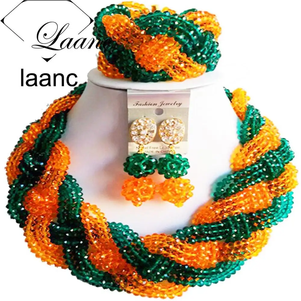 Бренд laanc Золото Шампанское и зеленый ювелирный набор для женщин нигерийские Африканские свадебные бусы ожерелье с кристаллами AL244 - Окраска металла: army green orange