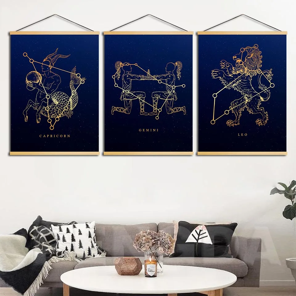 

Canvas Home Decoration Poster Print Constellation Symbol Pictures Wall Art Wooden Scroll Hanging Painting For Bedside Background