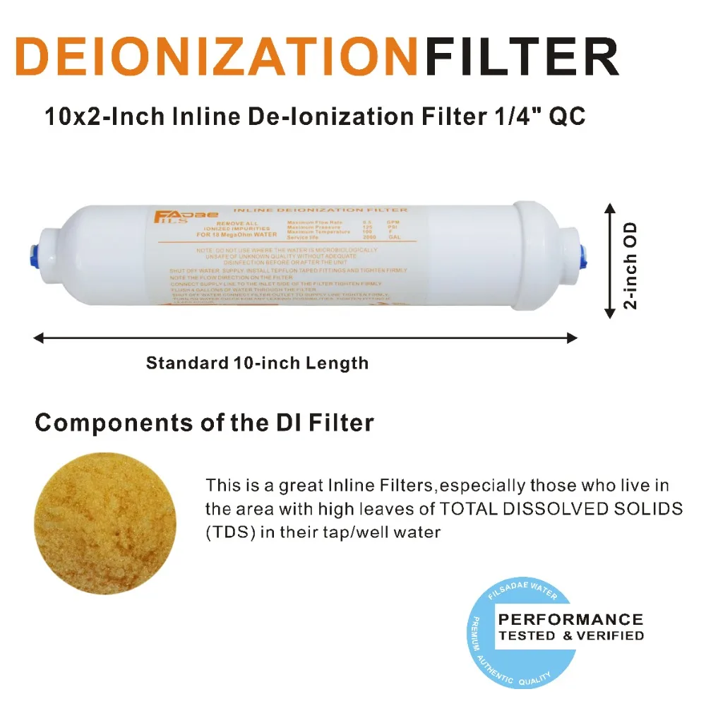 Встроенный деионизация фильтр для воды RO очиститель Замена DI Смешанная кровать смолы фильтры 1" x 2" Dia. 1/4 дюймовый Быстрый толчок