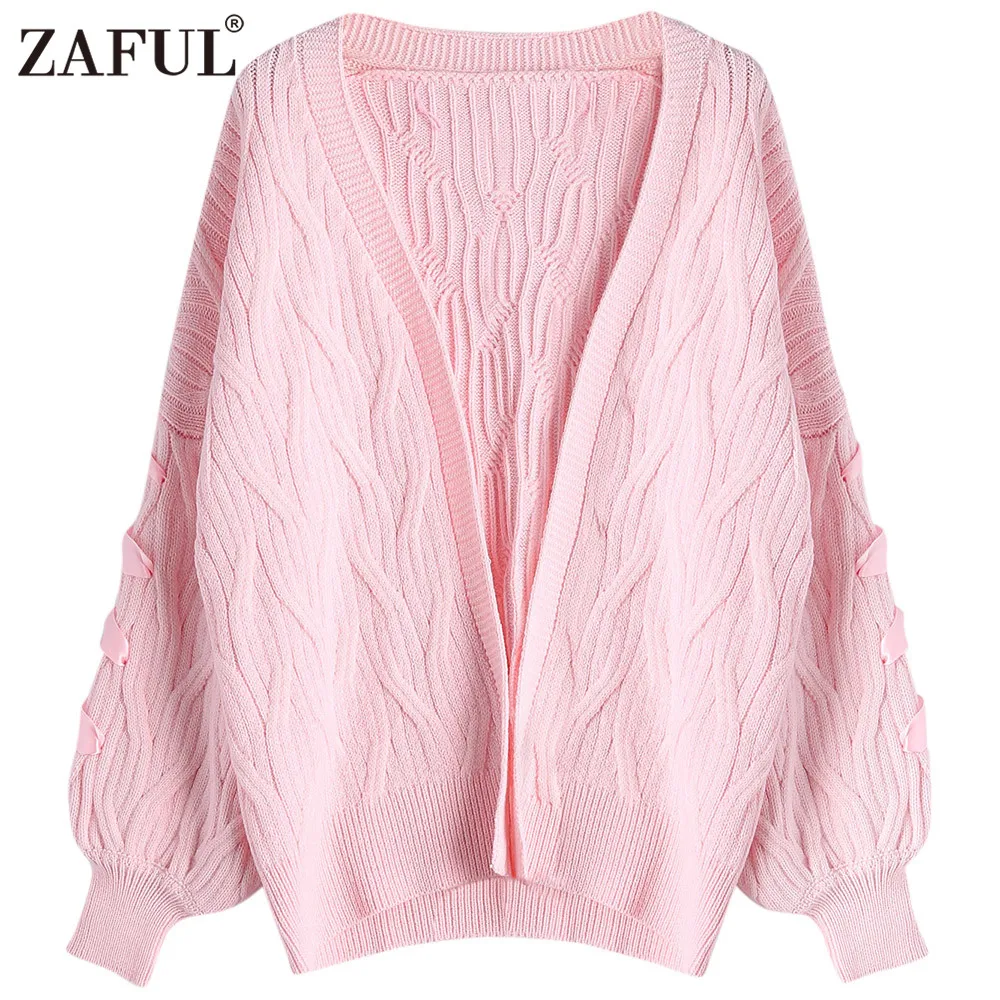 ZAFUL Pink Lace Up Sleeve Women Cardigans Autumn Winter Open Stitch