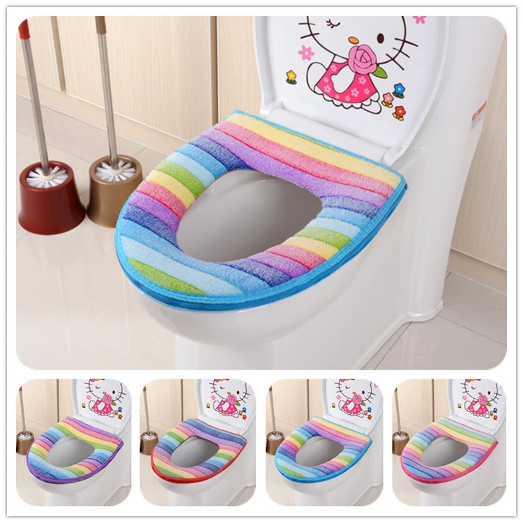 Comfy Toilet Seat Cover Rainbow Stripes Warm Velvet Zipper Cushion
