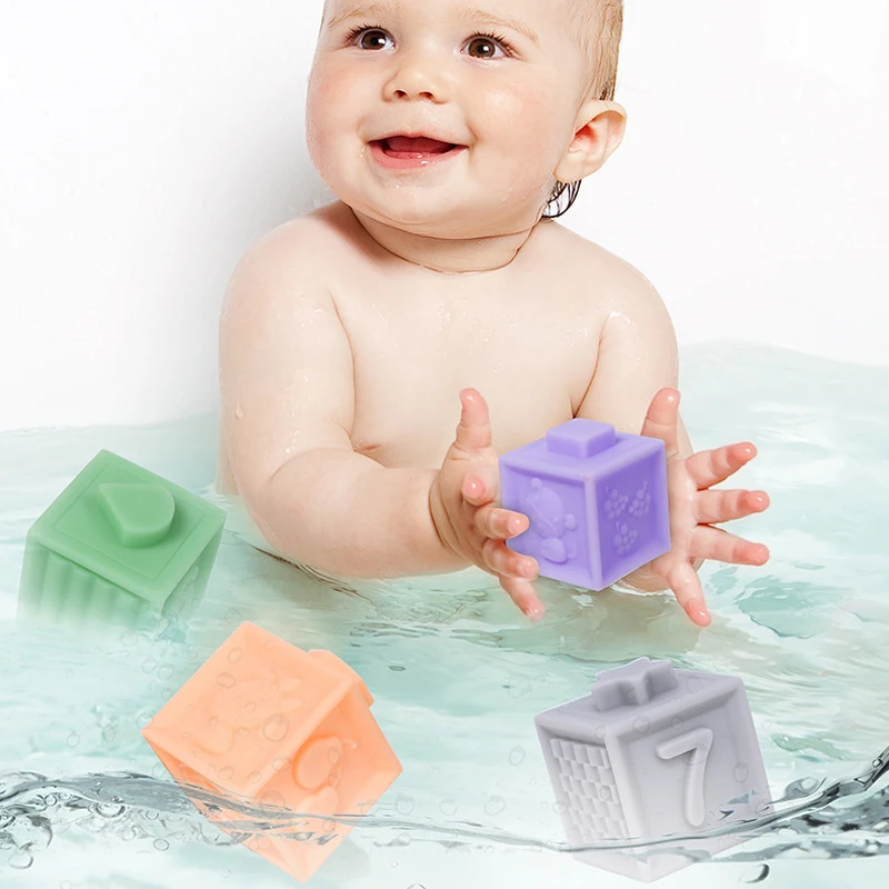 6pcs12pcs lot Baby 3D Grasp Toy Silicone Building Blocks Touch Hand Soft Balls Squeeze Toys  Massage Rubber Teethers Bath Toys (2)