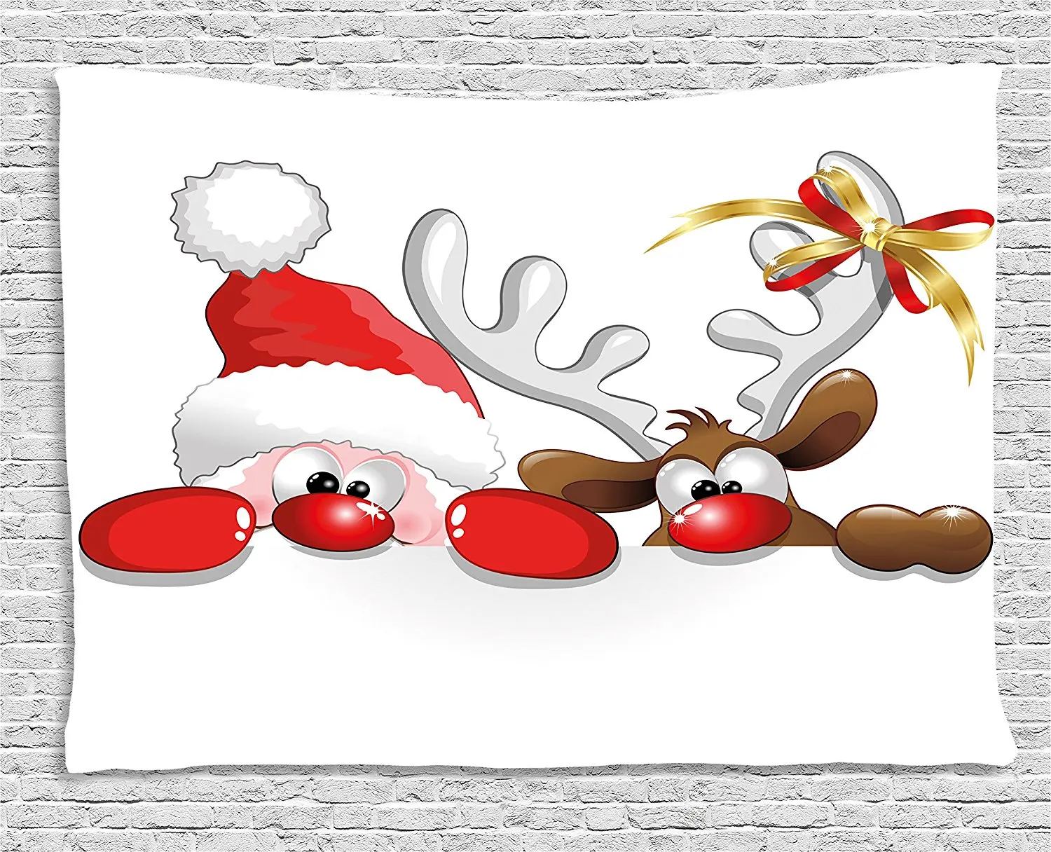 Christmas Tapestry Funny Christmas Santa Claus and Reindeer Peeking Cartoon Style Humor, Wall