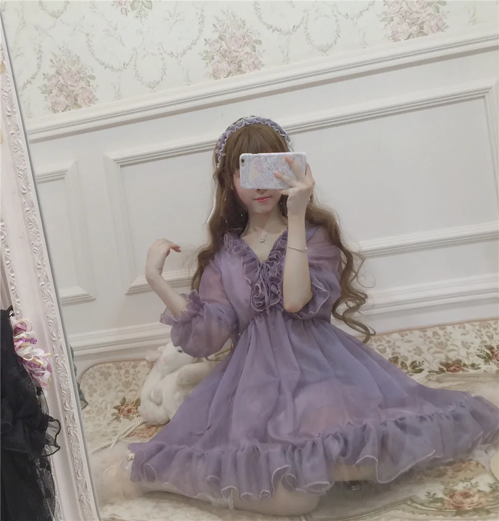 Милое винтажное платье принцессы в стиле Лолиты во французском стиле для девочек серовато-Фиолетовое однотонное платье с оборками и каймой