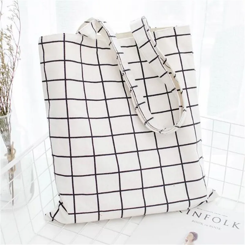 

Big Capacity Shopping Bag Casual Plaid Canvas Tote Bag Beach HandBag Cotton Linen Daily Use Foldable Canvas Shoulder Bags
