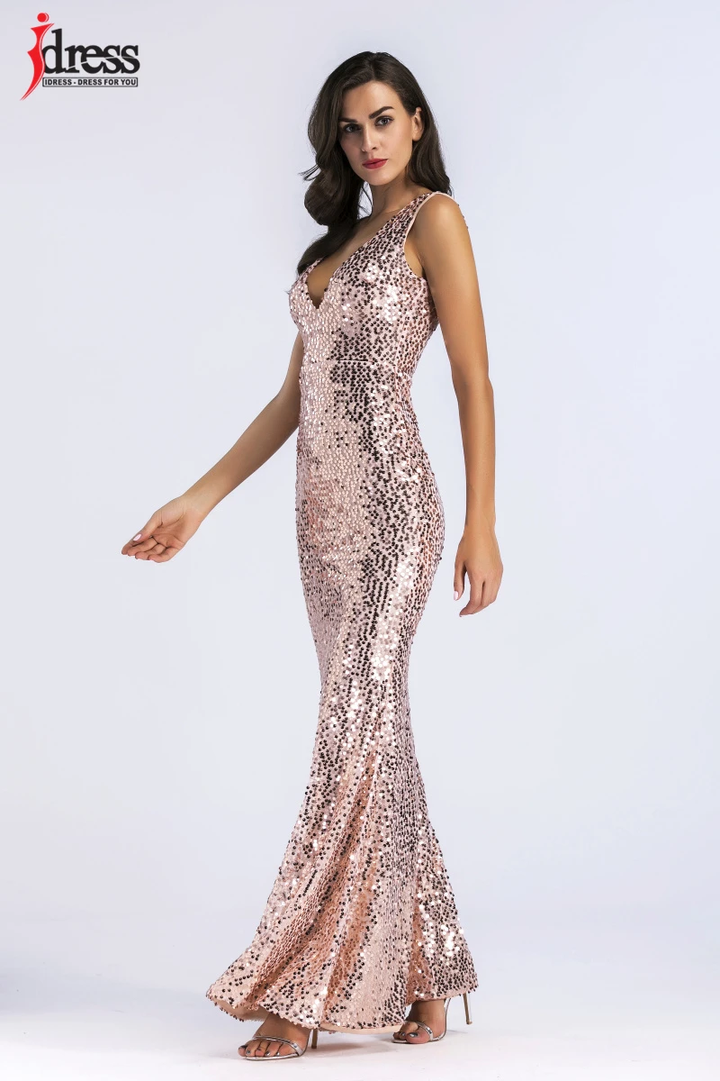 IDress Woman Fashion 2017 New Summer Maxi Dress Sexy Deep V Neck Gold Sequin Sleeveless Dress Evening Club Party Bodycon Dress (5)