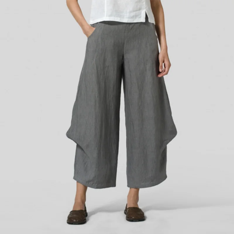 ZANZEA, винтажные повседневные штаны, женские штаны с эластичной резинкой на талии, широкие брюки, женские штаны с оборками, палаццо, женские одноцветные брюки - Цвет: Серый