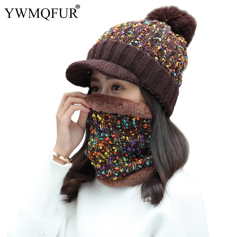 

2018 Winter Thickening Warm Hat Scarf Sets For Women Colorful Lady PomPom Baseball Caps Girl Outdoor Hats Female Rings Scarves