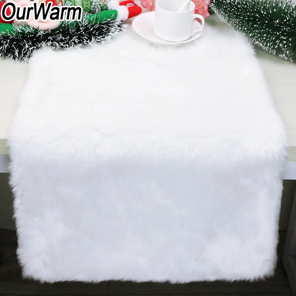  OurWarm Luxury White Fur Table Runner Christmas Table Decoration Luxury House Tablecloth Wedding De