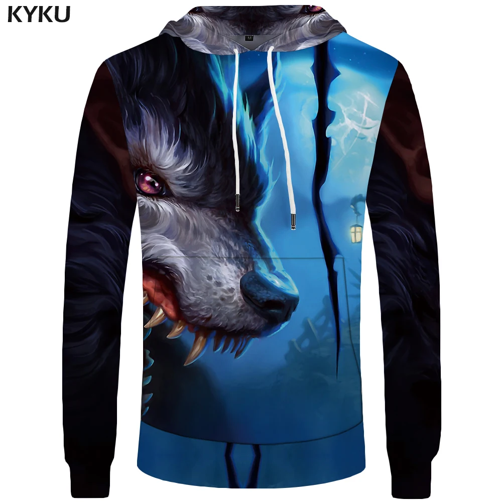 Buy KYKU Wolf Hoodies Men Moon Sweatshirt Funny Mens