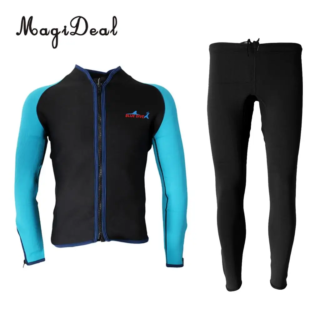 Mens 2mm Neoprene Elastic Zipper Jacket Top Long Pants Split Wetsuits Diving Suit Swimsuit Scuba Surf Snorkeling