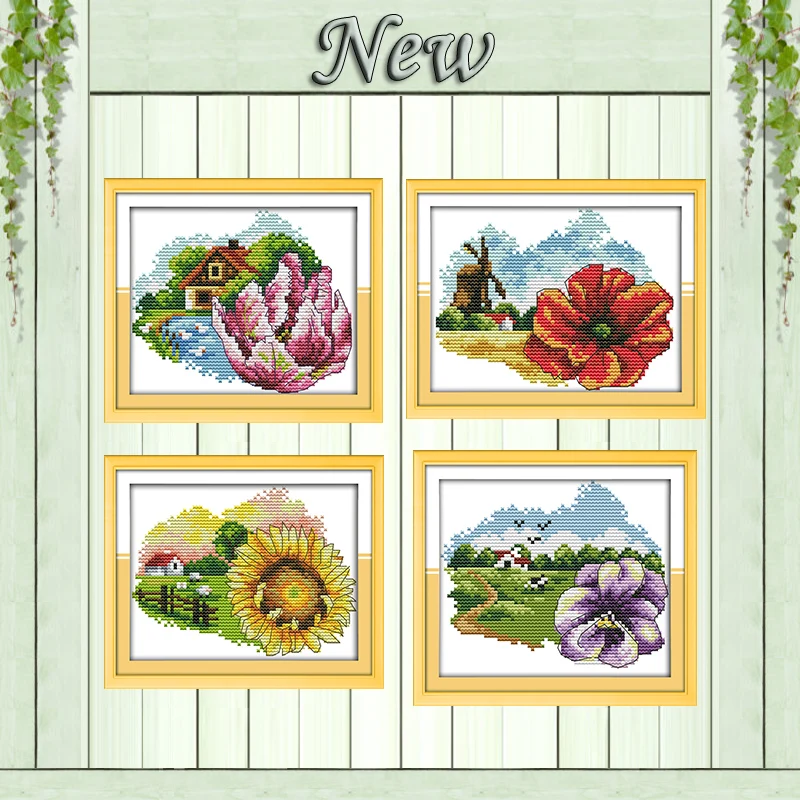 

April June flower colorful house diy painting counted print on canvas DMC 11CT 14CT Cross Stitch kits embroidery needlework Sets