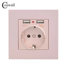 Coswall, двойной usb порт для зарядки, 5 В, 2,1 А, светодиодный индикатор, 16А, настенная розетка для России, Испании, розетка для ЕС, панель для ПК, золотистый, серый, черный, белый