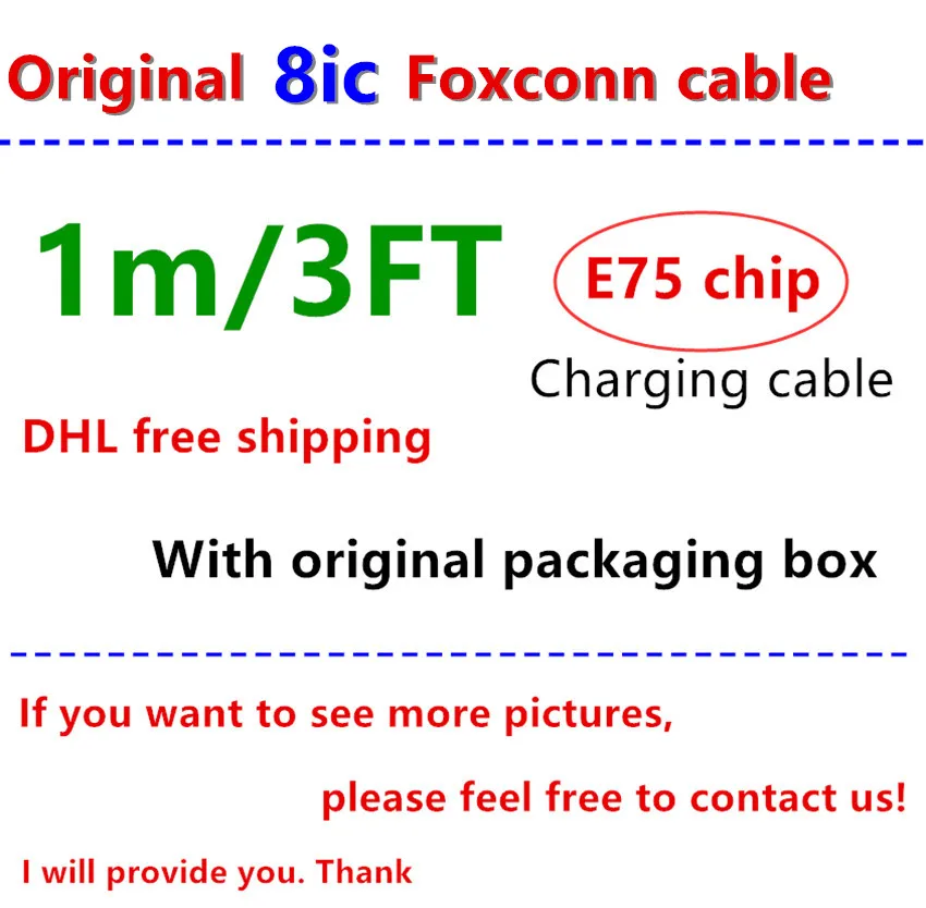 

100pcs/lot 100% Genuine Original 1m/3ft 8ic E75 Chip Data USB charging cable for Foxconn iX XS MAX 8 7 6 With New packaging