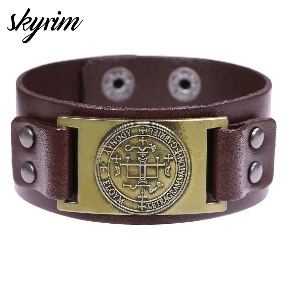 

Skyrim Sigil of 7 Archangel Michael Raphael Uriel Gabriel Talisman Vintage Angel Gothic Power Leather Bracelet Man Jewelry