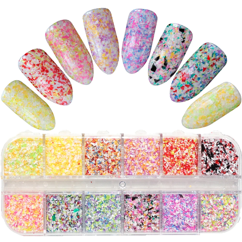

1Set Nail Art Glitter Powder Candy Colors Mixed Irregular Snowflakes Flower Tips Design 3D Nail Pigment Decoration Manicure JIXH