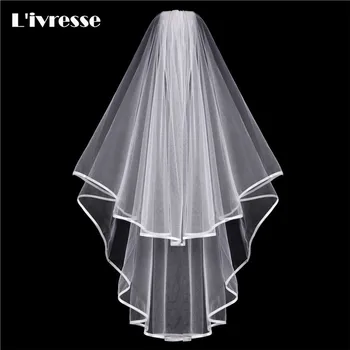 

In Stock Short Wedding Veil With Comb 2 Layers Ribbon Edge White Ivory Bridal Veils Veu De Noiva Curto Wedding Accessories