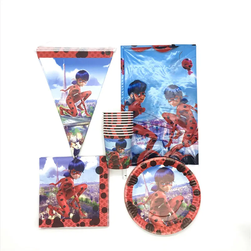 

Wonderful Ladybug Theme Girl 81Pcs Disposable Paper Cup+Plate+Napkin+Banner Girls Happy Birthday Tissue Dish Decorations Supply