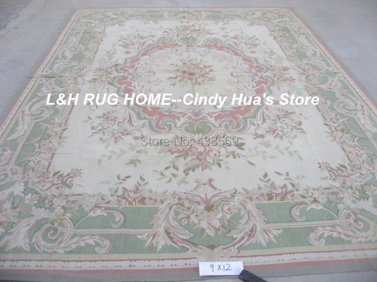 Бесплатная доставка 9 'x 12' Aubusson коврики шерстяные зеленый дизайн потертые