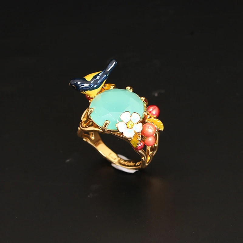 

France Dyxytwe Luxury Bird Gem Flower Ring For Women Size 7 Enamel Copper Gold Good Quality