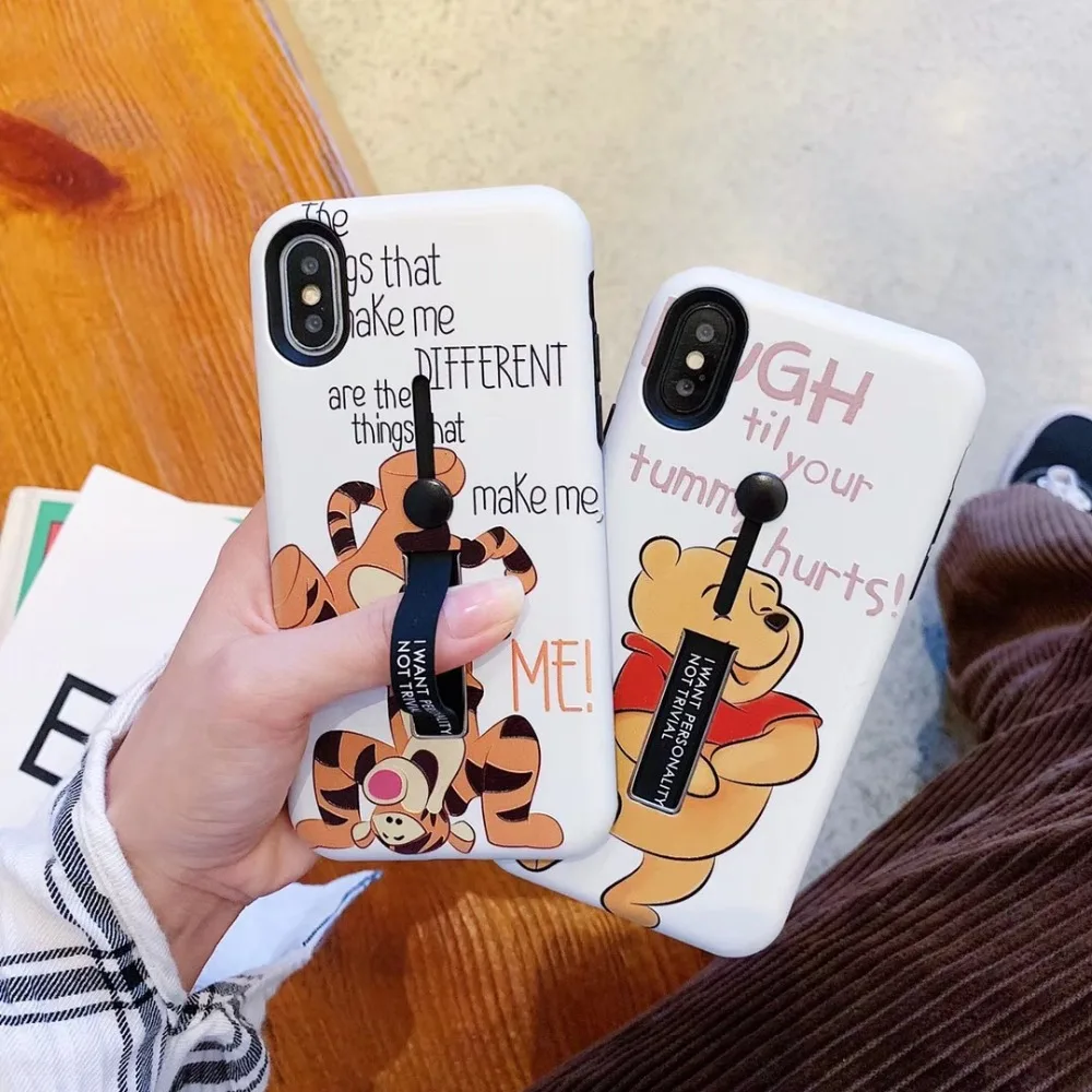 

Cute cartoon Winnie Pooh Tiger Ring holder Telescopic Matte Silicone cover case for iphone 6 7 8 plus X XR XS MAX phone case