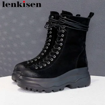 

2018 new arrival natural leather platform motorcycle boots cross-tied round toe high bottom female black color mid-calf bootsL73
