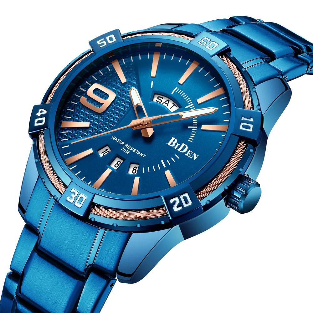 

Biden Men Watch Luxury Top Brand For Mens Quartz Watches Fashion Date Business Sports Blue Stainless steel Band WristWatch Clock