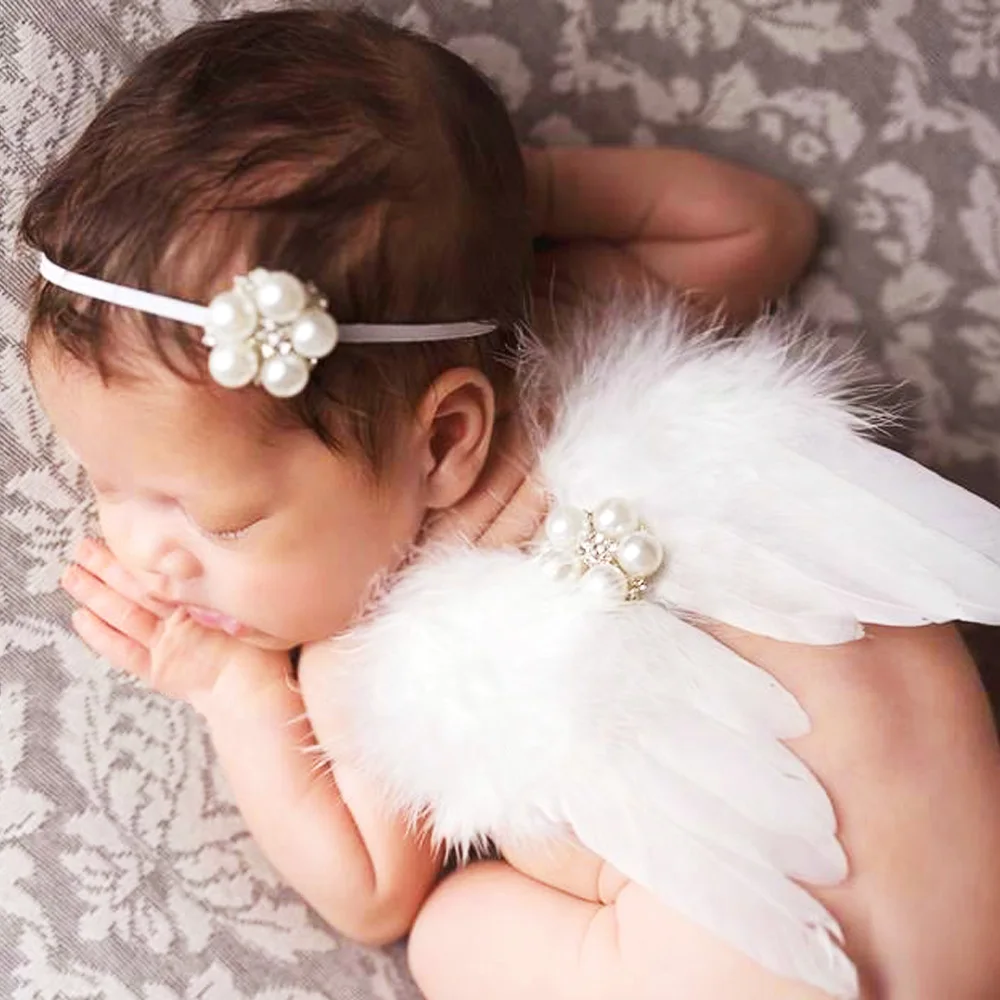 Newborn pearl Headwear Kids Angel Fairy Feather Wing Hairbands Costume Photo Prop for Gift Present Party