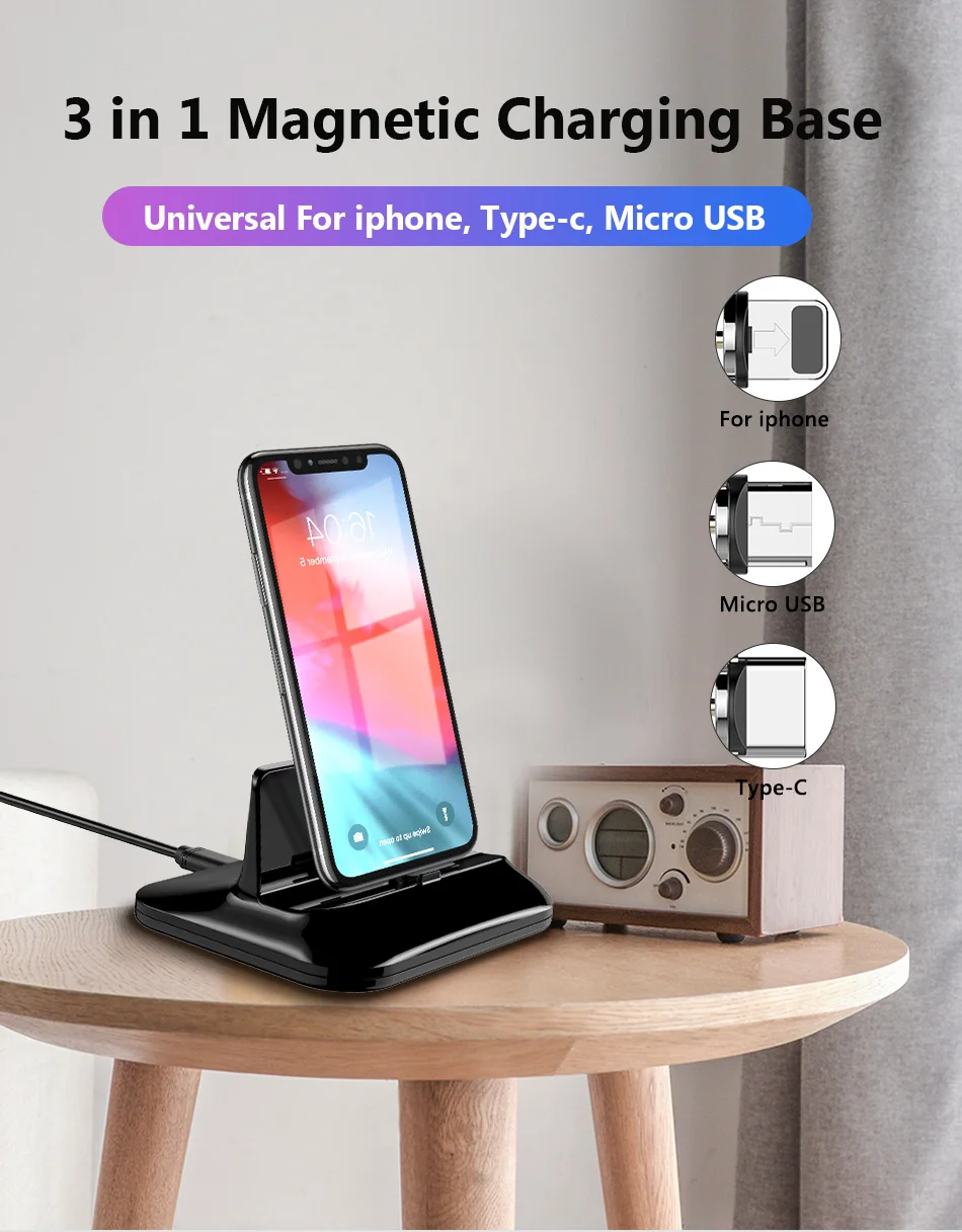 !ACCEZZ 2 in 1 Phone Stand Holder Magnetic Charger For iphone 8 X Plus Universal Type-C Micro USB 8 Pin Desktop Charge For Xiaomi (1)