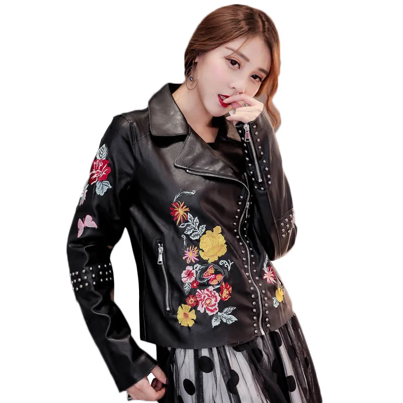 Women leather jacket autumn floral jacket female PU leather coat ladies
